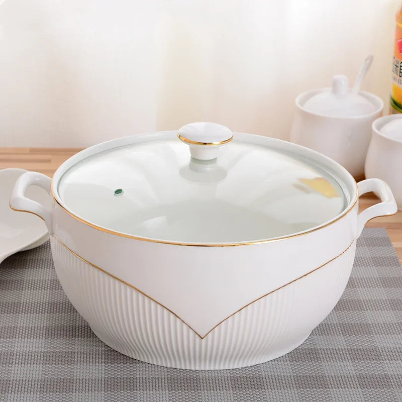 Axya Nordic White Ceramic Soup Pot with Lid, 2.6L Large Bowl