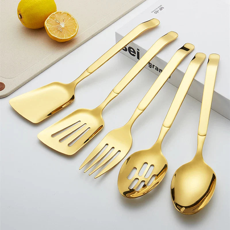 Axyaa Stainless Steel Serving Cutlery Set - Large Spoon, Fork, Shovel, Salad Stirrer