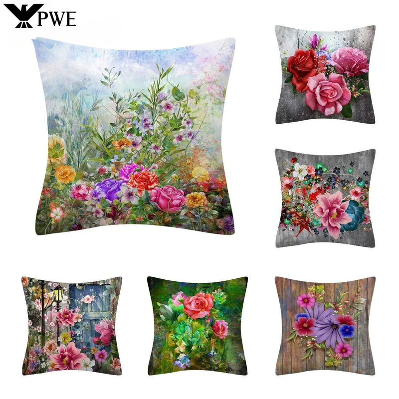 Retro Floral Linen Pillow Cover Abstract Art Decor for Living Room Sofa by Axyaa
