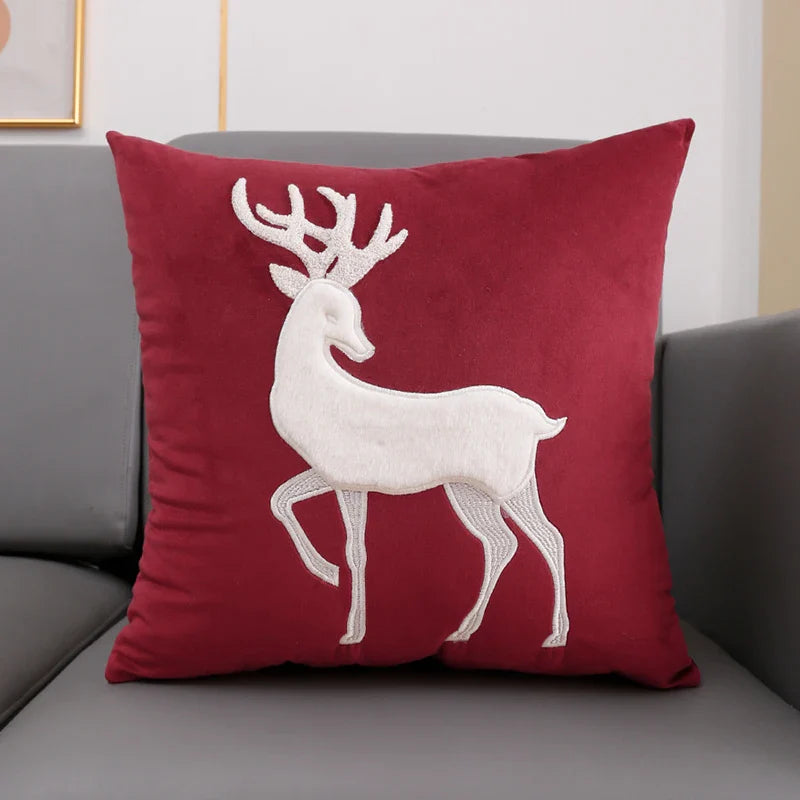 Axyaa Christmas Tree Deer Embroidery Cushion Cover 45x45cm Soft Velvet Square Pillow