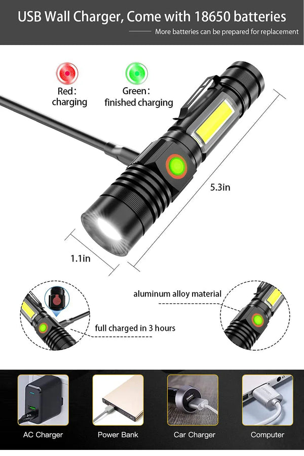 Axya High Lumen Rechargeable LED Flashlight with COB Side Light, Waterproof & Zoomable