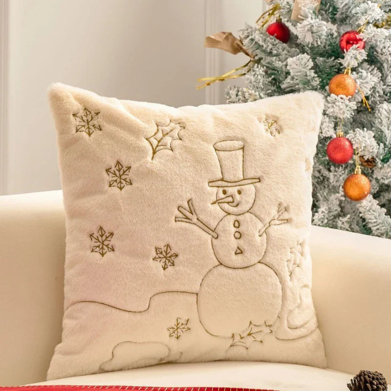 Axyaa White Faux Rabbit Fur Christmas Pillow Cover, Gold Snowman Snowflakes Embroidery