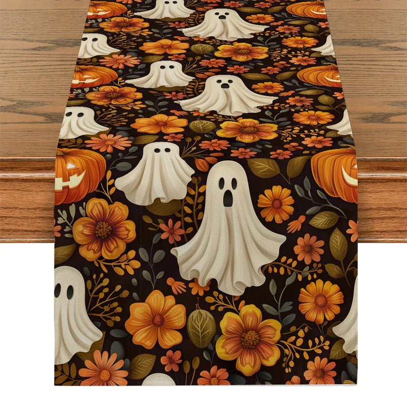 Axyaa Cute Ghost Chrysanthemum Table Runner - Halloween Party Decor and Dresser Table Accent