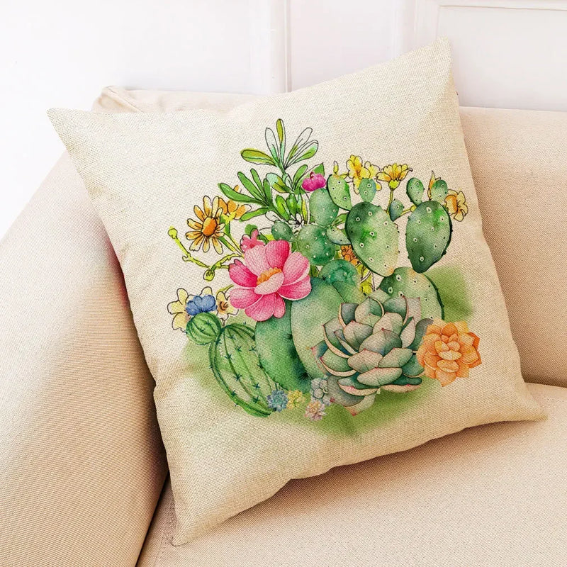 Axyaa Cactus Plant Pattern Linen Pillowcase - Home Decor Sofa Pillow 45*45cm