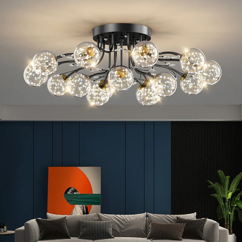 Axya Black Gold Glass Bubble Chandelier: Modern LED Crystal Pendant Lamp