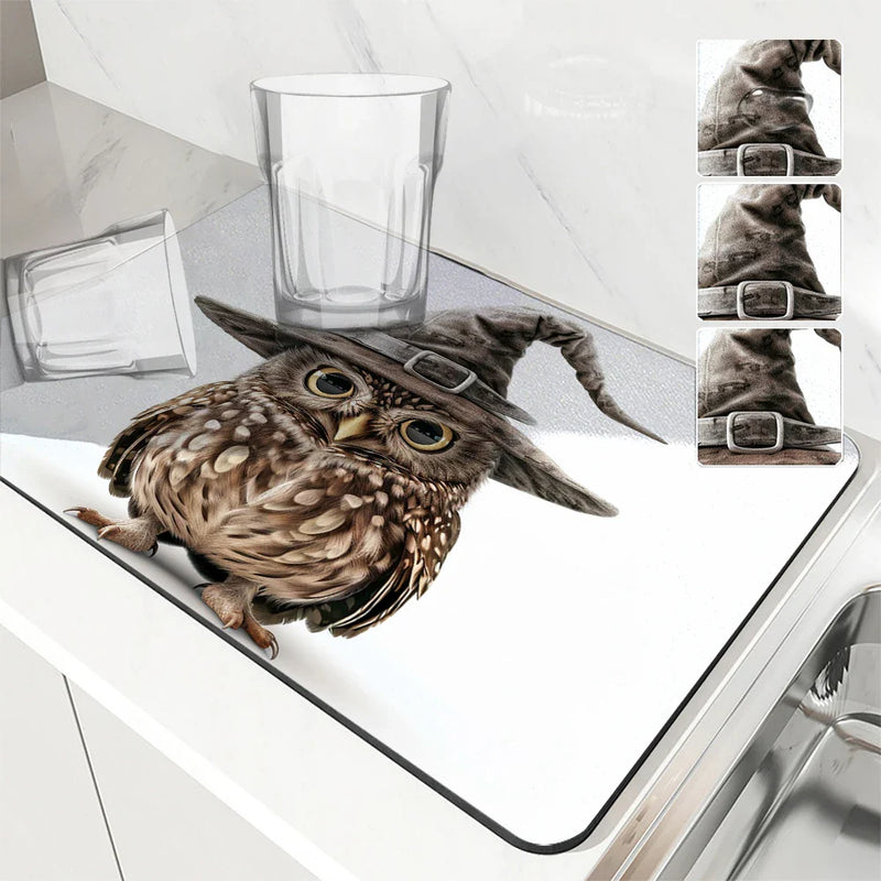 Axyaa Halloween Owl Hat Kitchen Draining Mat: Absorbent, Anti-slip, Quick Dry Pad