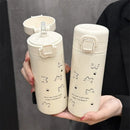Axyaa Cat Thermos Water Bottle with Straw: Portable Stainless Steel Thermal Cup