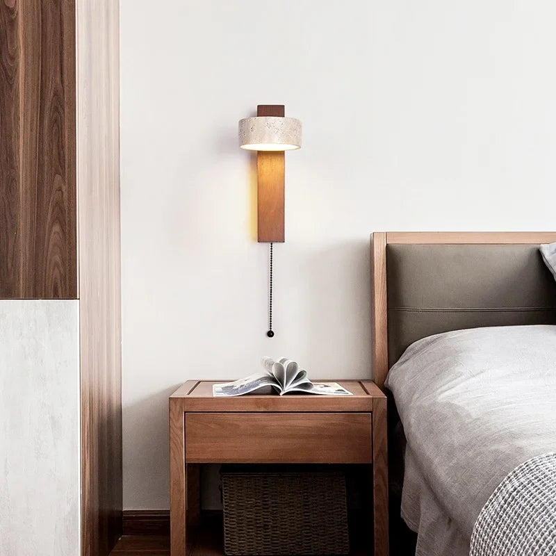 Axyaa LED Wall Light Mirror Stone Wood Wall Art Decor Bedroom Lamp