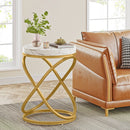 Axyaa White/Gold Faux Marble End Table, Round Nightstand, Living Room Side Table