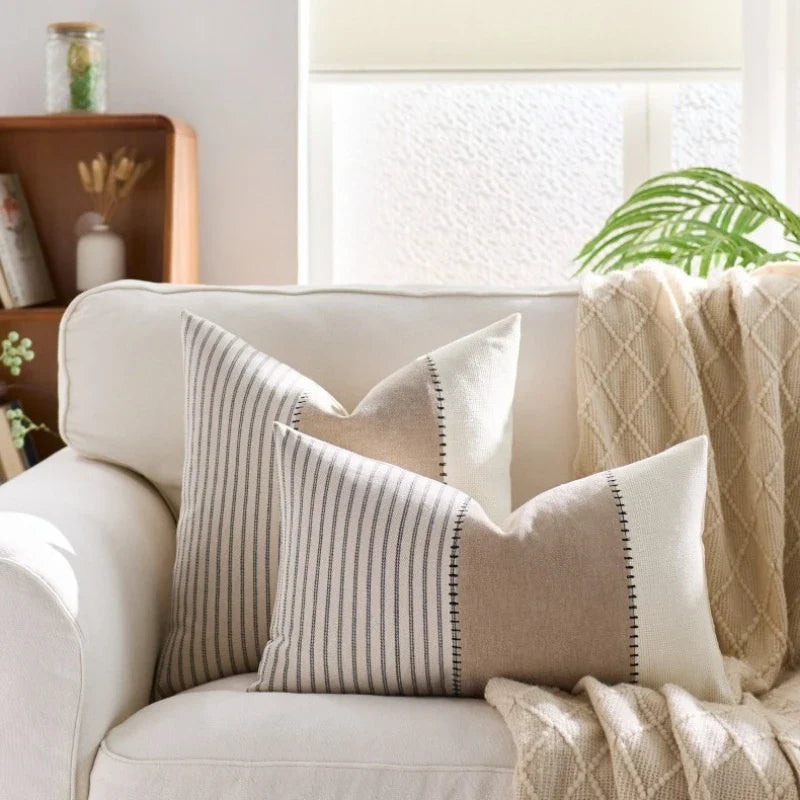 Cream Tan Two Tone Striped Pillow Cover for Home Sofa Couch Living Room by Axyaa
