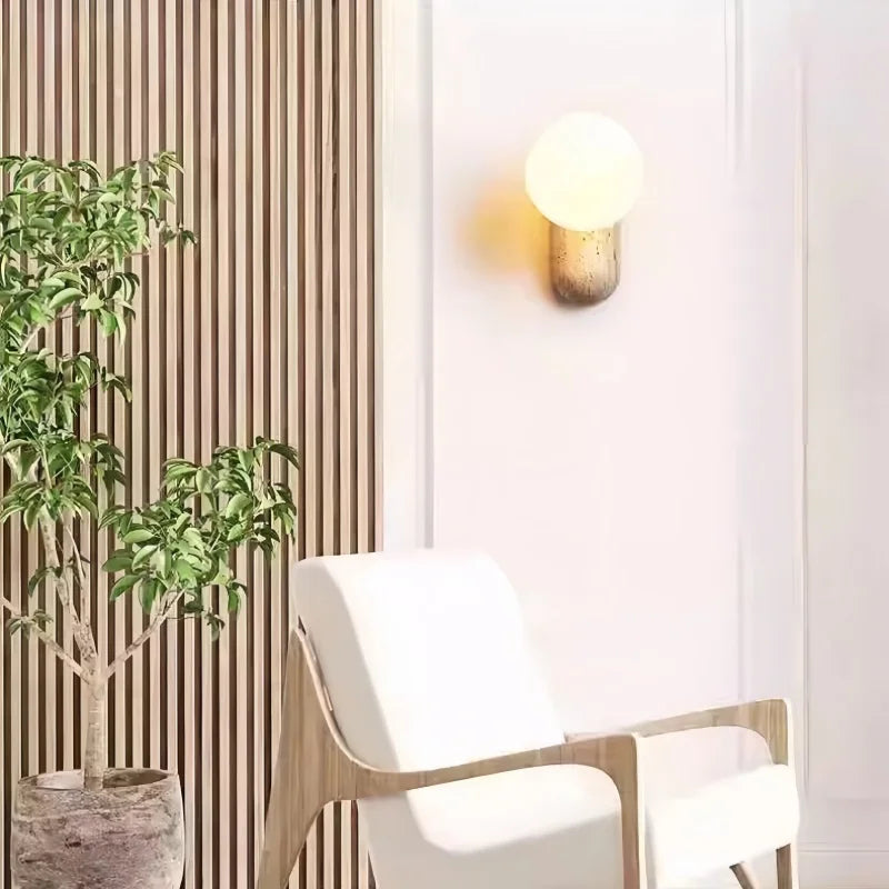 Axyaa Wabi Sabi LED Wall Light Yellow Travertine Stone Glass Ball Wandlamp