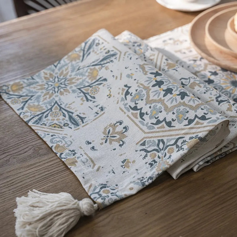 Axya Retro Print Table Runner with Tassel Detail for Dining Table - Single Layer