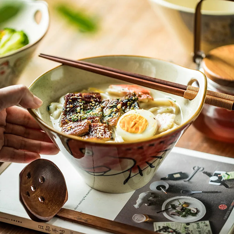 Axya Ramen Bowl with Holes Cat Ceramic Large Speaker and Bamboo Hat, Tableware