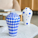 Axyaa Blue Geometric Ceramic Vase with Quilted Pattern and Polka Dots