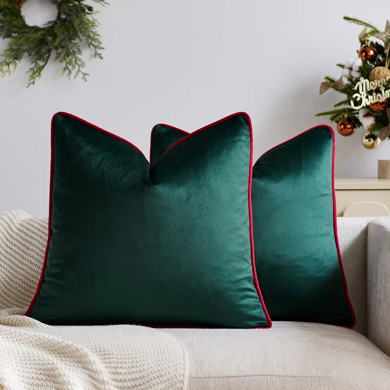 Axyaa Christmas Red Green Velvet Cushion Cover with Contract Piping - 45x45cm