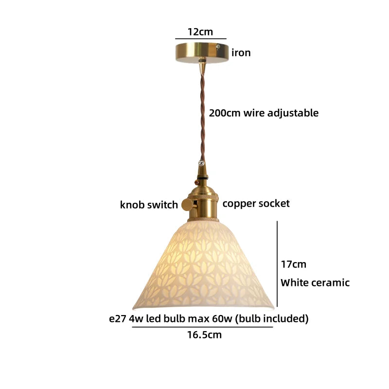 Axyaa White Ceramic Brass LED Pendant Light Modern Nordic Hanging Lamp
