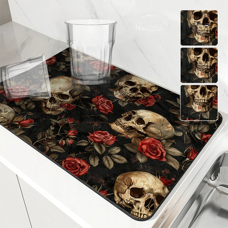 Axyaa Plant Skull Rose Absorbent Kitchen Mat