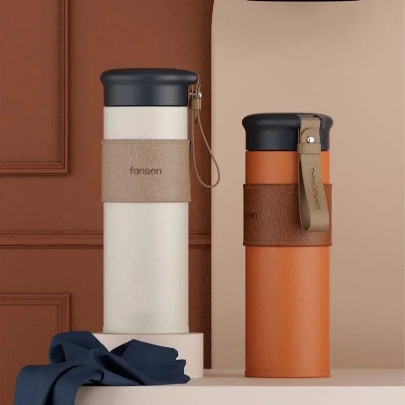 Axyaa Stainless Steel Leather Travel Coffee Cup Vacuum Flask