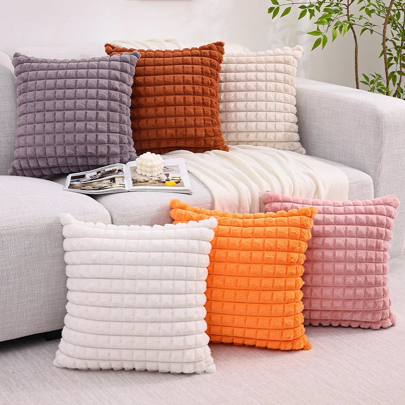 Axyaa Faux Rabbit Fur Plaid Throw Pillow Covers Soft Fluffy Home Decor Case