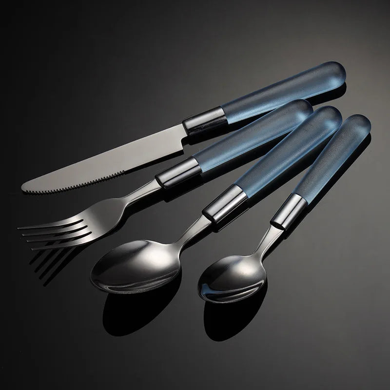 Axyaa Stainless Steel Cutlery Set with Plastic Handle - Western Tableware Steak Knife Fork Teaspoon