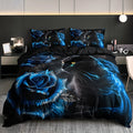 Black Cat Blue Rose Duvet Cover Set - Axyaa Floral Animal Bedding