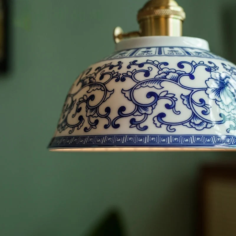 Axyaa White Blue Ceramic LED Pendant Lamp Retro Gold Brass Hanging Light