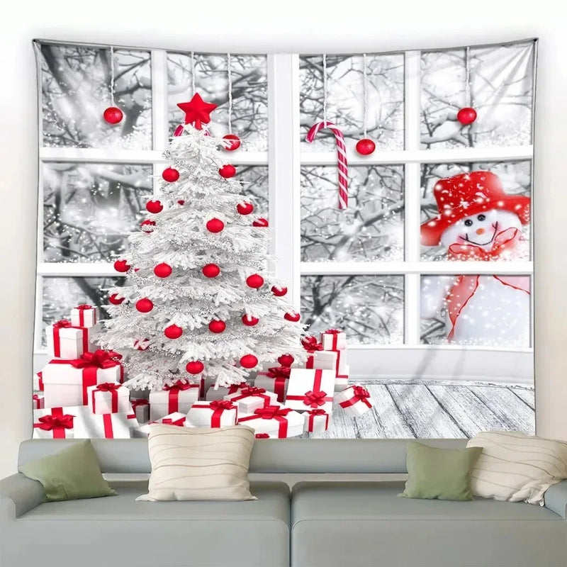 Axyaa Christmas Tapestry: Festive Snowman & Tree Print for Home Decor
