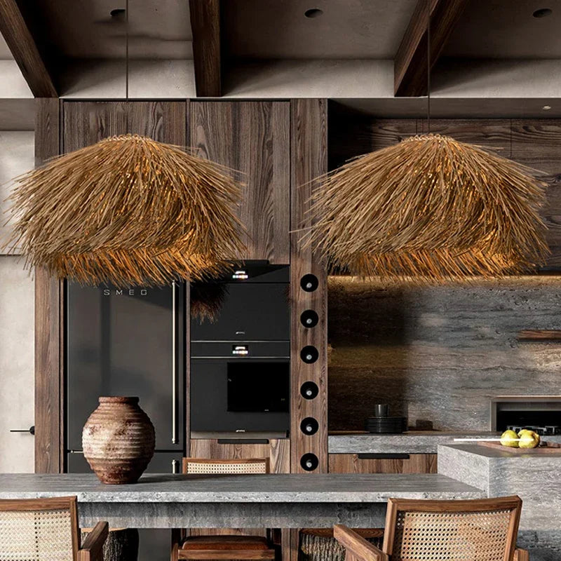 Axyaa Woven Rattan LED Chandelier, Japanese Style Hanging Lamp for Home and Restaurant Decor