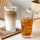 Axyaa Stripe Glass Cup with Lid & Straw, 600ml, Drinkware for Coffee, Juice, Milk, Tea