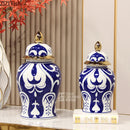 Axyaa Blue White Porcelain Jar Gold Edged Ceramic Vase Dried Flower Arrangement