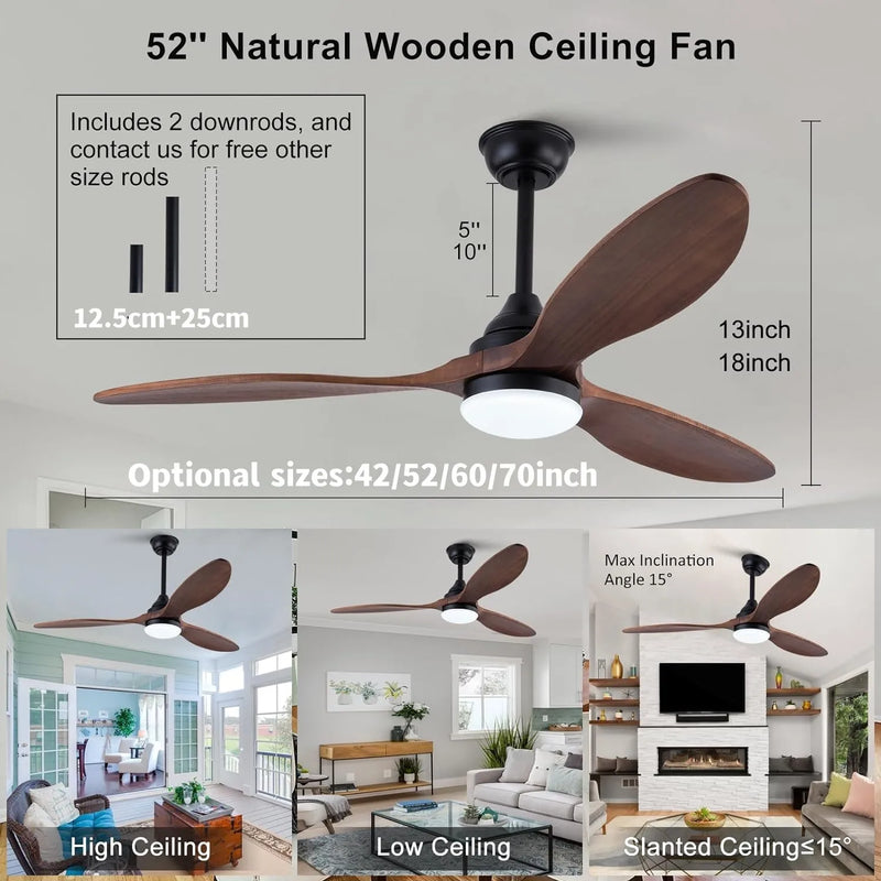 Axyaa 52" Wood 3-Blade Ceiling Fan Light Remote Control for Bedroom Living Room