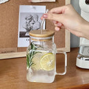 Axyaa Square Glass Mug with Bamboo Lid and Bent Glass Straw, 620ml
