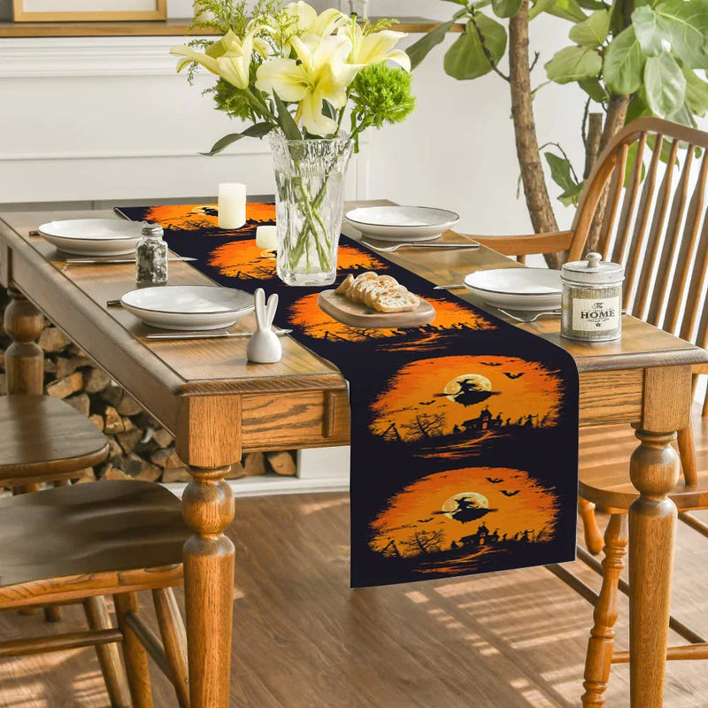 Axyaa Halloween Magic Broom Castle Table Runner - Farmhouse Wedding Party Decor