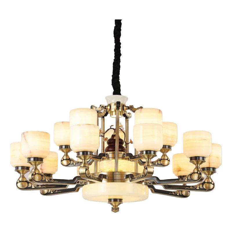 Axyaa Duplex Living Room Chandelier: Elegant Chinese Villa-style Multi-storey Zinc Alloy & Jade Lamps.