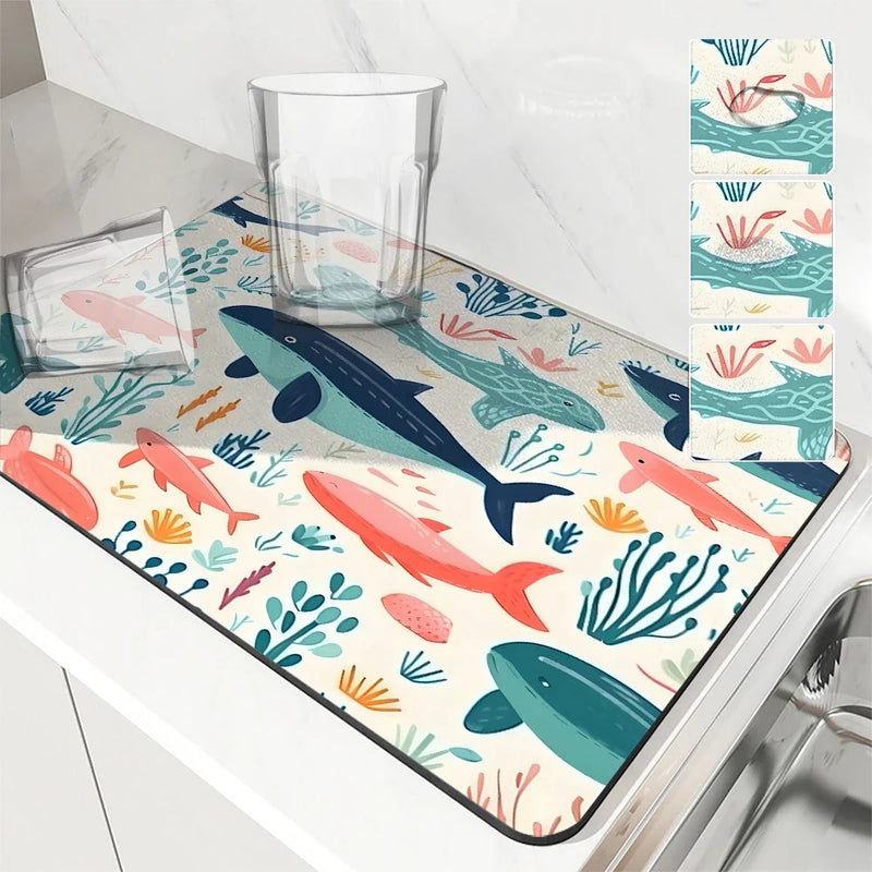 Axyaa Marine Whales Desk Drain Pad, Heat Resistant Non-slip Kitchen Drying Mat