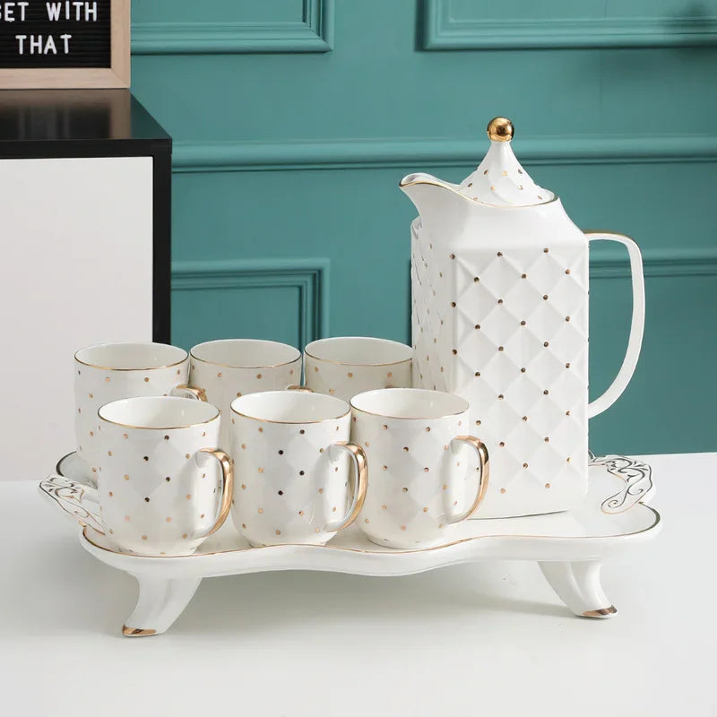 Axya Nordic Gold Ceramic Coffee Set with Tray and Tea Set Pot