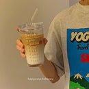 Axyaa Cute Korean Glass Water Bottle with Straw, Lid: 480ml Breakfast Glass Cups