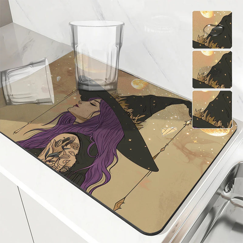 Axyaa Halloween Moon Themed Square Drain Pad - Anti-Slip & Absorbent.