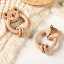 Axya Wooden Teether Stroller Toy - Natural Beech Montessori Rattle Fox Bear