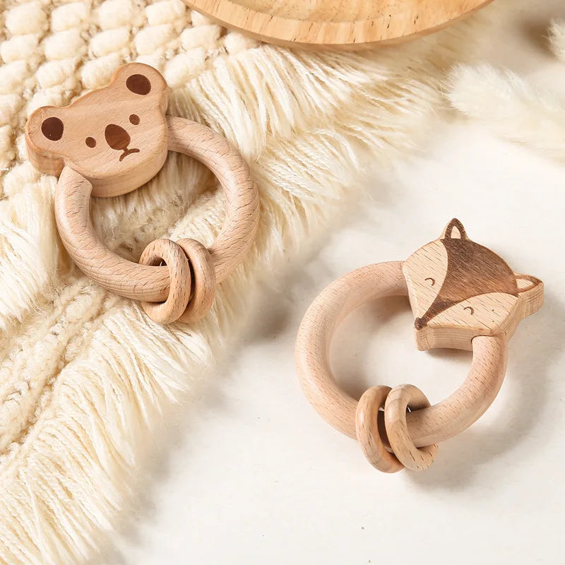 Axya Wooden Teether Stroller Toy - Natural Beech Montessori Rattle Fox Bear