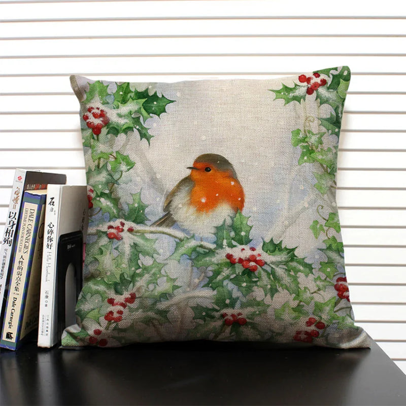 Axyaa Christmas Bird Snow Pattern 45x45cm Linen Pillow Case Home Sofa Decoration