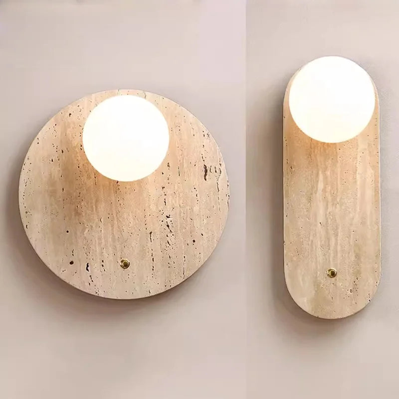 Axyaa Round Natural Stone Art Wall Lamp Cream Sconce Bedside Decor