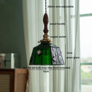 Axyaa Green Glass LED Pendant Lights with Wood Handle - Modern Design