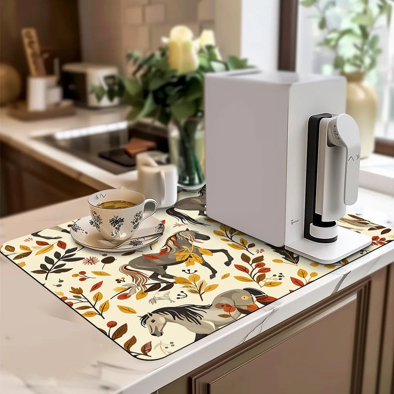 Axyaa Watercolor Flower Branches Maple Drying Mat for Kitchen Counter Drain Mats
