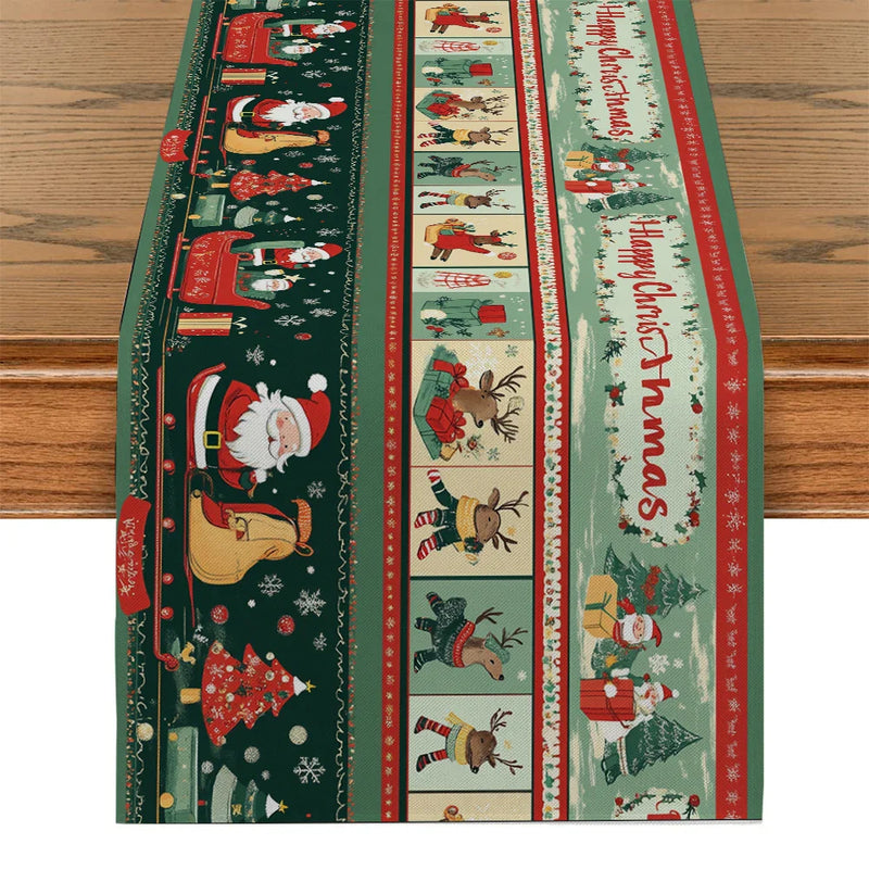 Axyaa Christmas Table Runner: Santa Deer Cart Presents Snowflakes Farmhouse Dining Decor