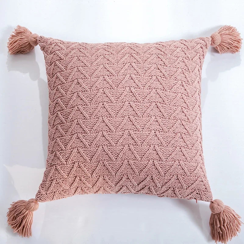 Axyaa Soft Knit Cushion Cover 45x45cm Solid Pillow Case with Tassels
