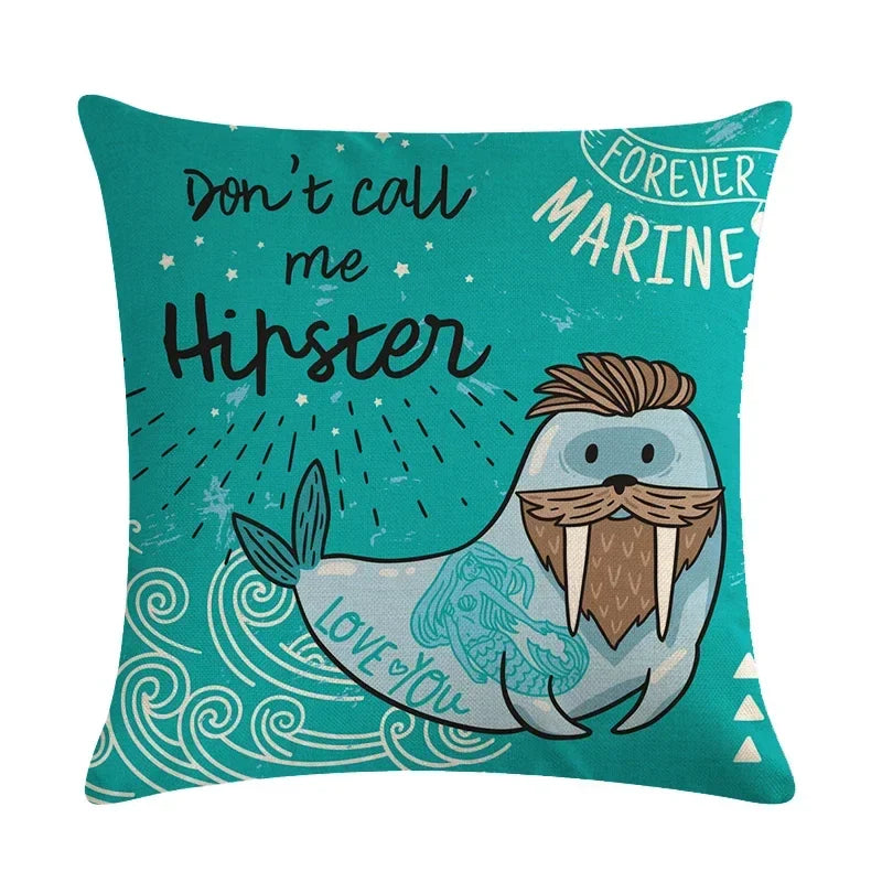 Axyaa Sea Lion Linen Pillowcase for Sofa Bedroom Children's Room Decor 45cm*45cm