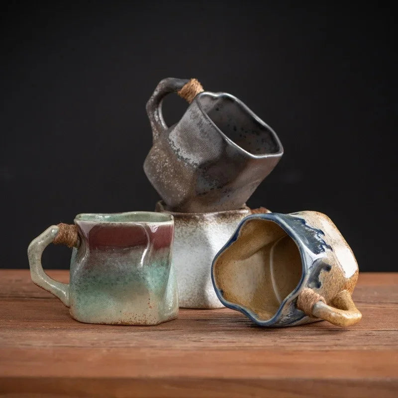 Axyaa Retro Ceramic Coffee Cup Set – 300ml Irregular Shape Drinkware Mug