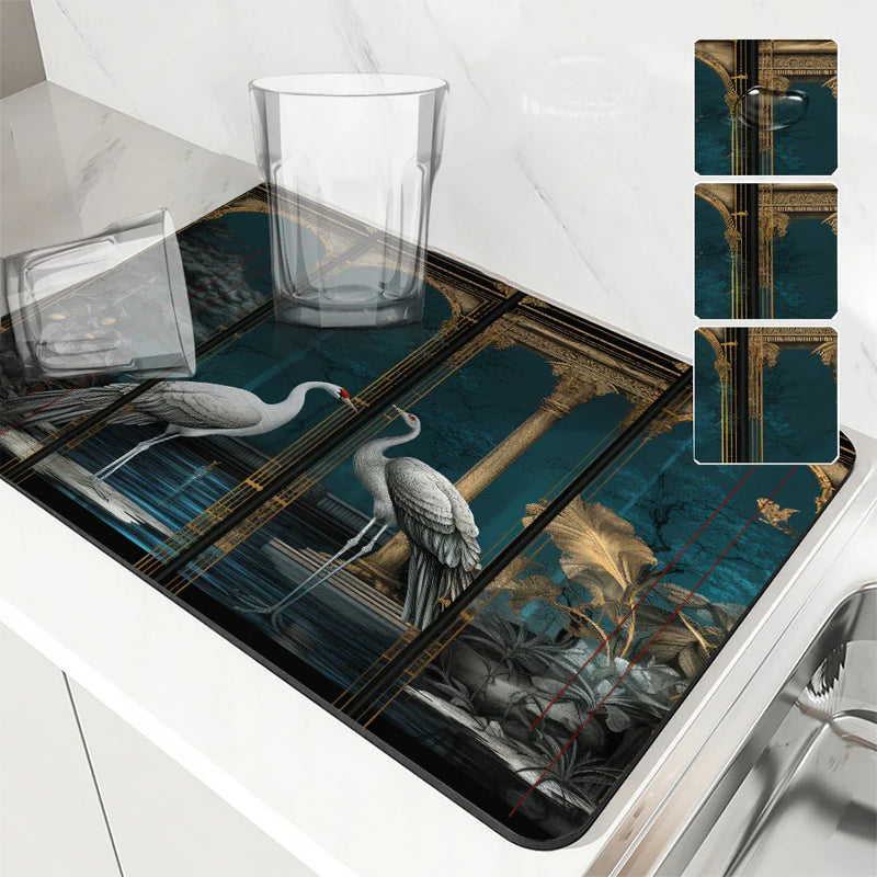 Axyaa Kitchen Drying Mat with Crane Plant Design and Absorbent Quick Dry Technology