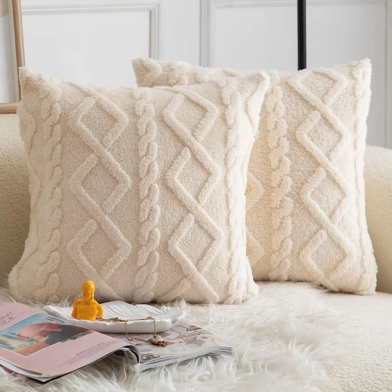 Axyaa Plush Geometric Lumbar Pillow Cover - Boho Cushions for Home Sofa Decor